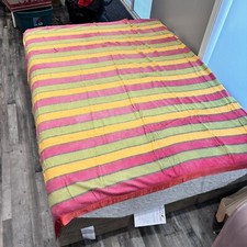 VTG Nylon Blanket Pink Yellow Green Stripes Striped Satin Trim 62x80