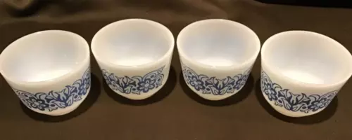 Set Of 4 Vintage Federal Milk Glass Custard Cups Blue Floral Design