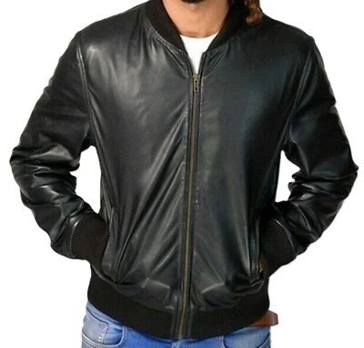 Blouson bombardier noir pour hommes en cuir d'agneau véritable veste décontra... - Photo 1/4