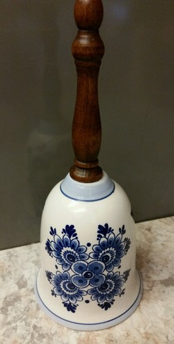 Vintage Delft Blue Holland Porcelain Bell Wooden Handle Windmill Floral Design - Picture 2 of 3