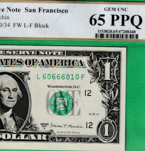 $1 BINARY FLIPPER 60666010 Serial Numbers Federal Reserve note PCGS 65 PPQ