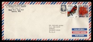 DR WHO 1990 JAMAICA BUTTERFLY HALF WAY TREE AIRMAIL TO USA M70069