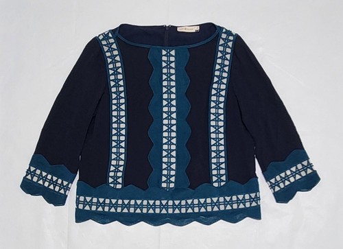 Womens TORY BURCH Germaine Navy Teal Geometric Lace Trim Silk Blouse Top Size 12
