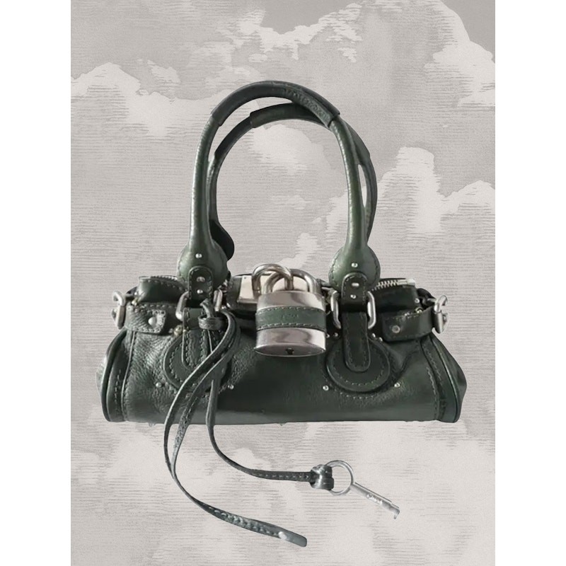 CHLOE Paddington Bag Small Green Silver Satchel Tote Phoebe Philo Y2K