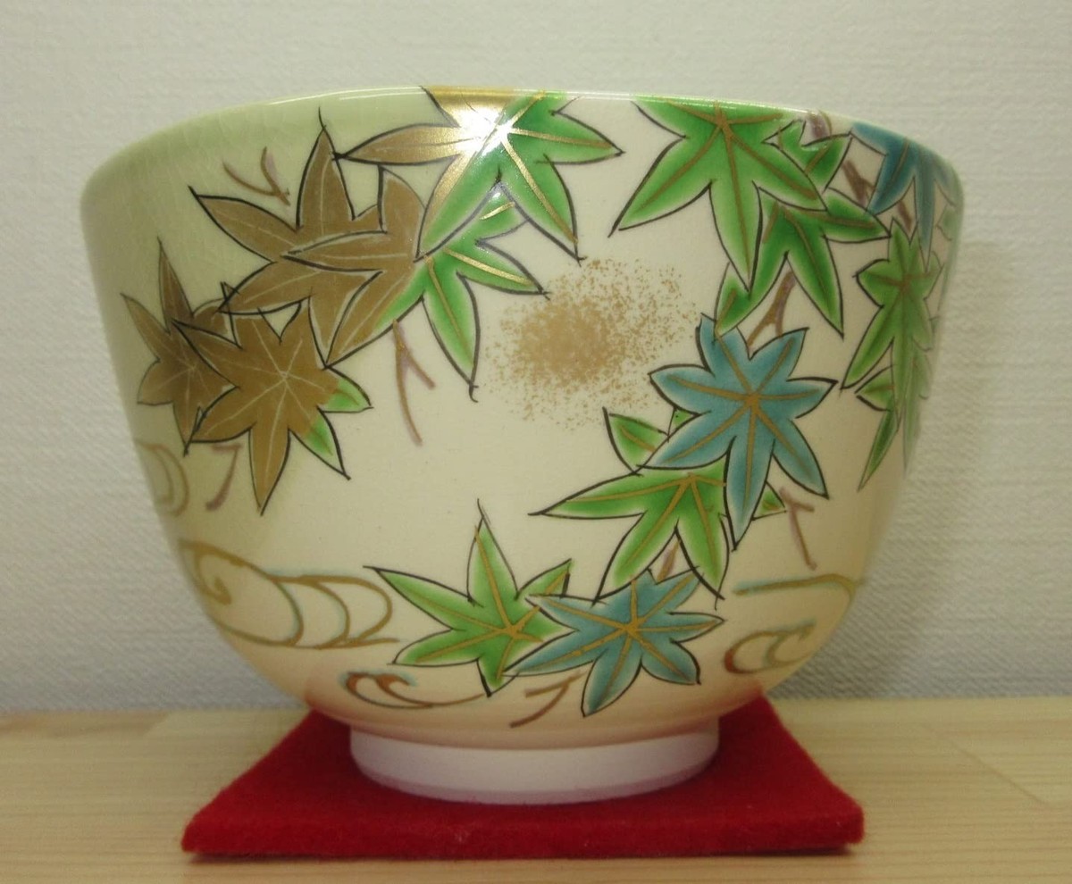 Kyo-yaki Matcha Tea Bowl Blue Maple Design Dia 4.84 in (12.3
