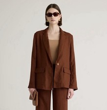 Quince L European Linen Blazer Jacket Chocolate Brown Coastal Preppy Boyfriend