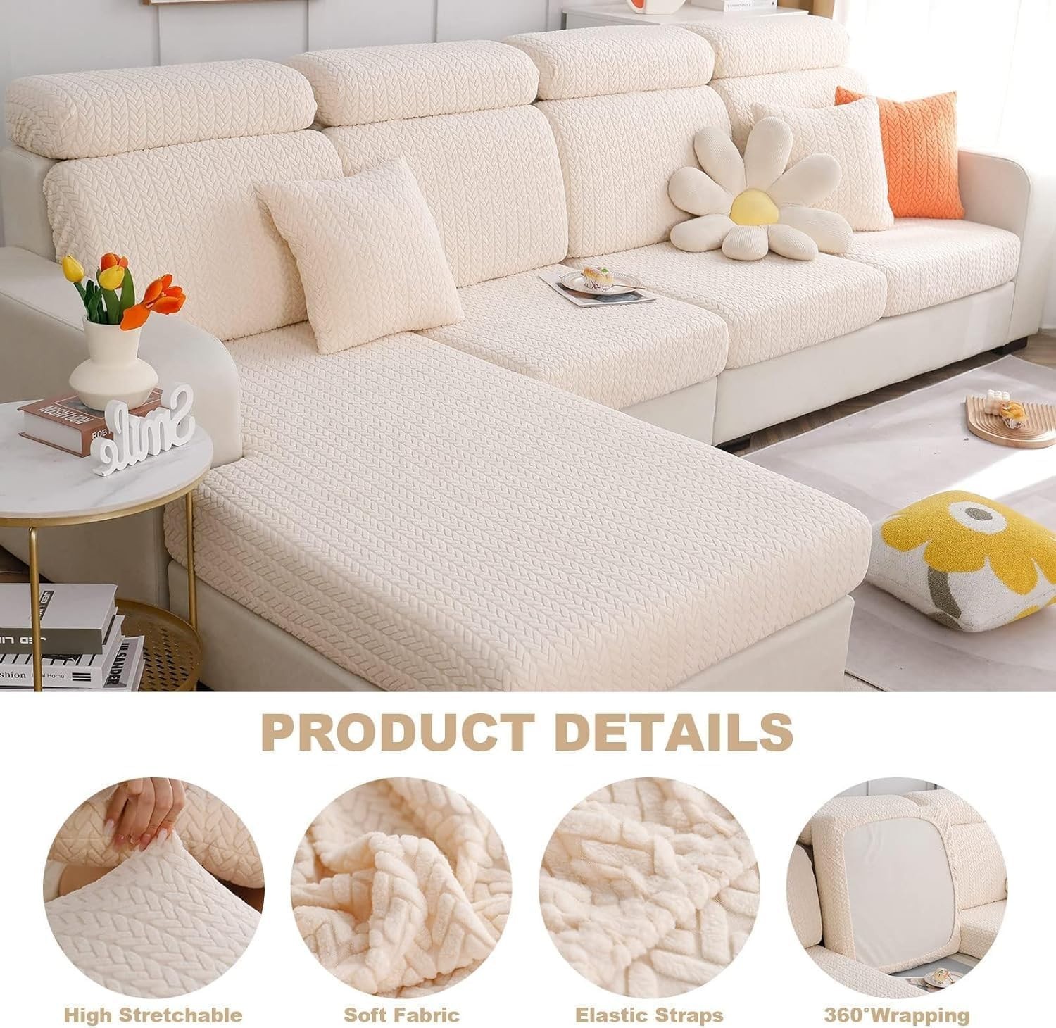 как выглядит Pet-Friendly Stretch Sofa Cover - Easy-Care, Anti-Slip Design in Wheat-Gray фото