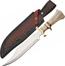 Bowie Knife  10in Stainless Steel Blade White Bone Handle  Leather Sheath