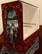 Hand Painted Wooden Bird Cage White Metal Bars Bird & dog Design Brown