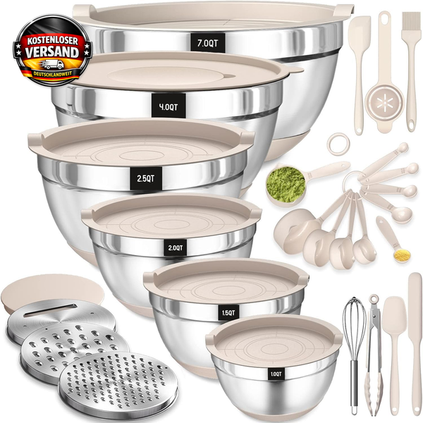 Edelstahl RüHrschüSsel Set 6-Tlg. Mit Deckel Silikonboden L KüChenzubehöR-image