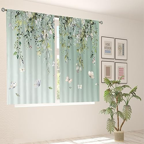 Short Tier Curtains for Kitchen Bathroom, Green Eucalyptus Leaf Cafe Curtains, - Picture 5 of 7