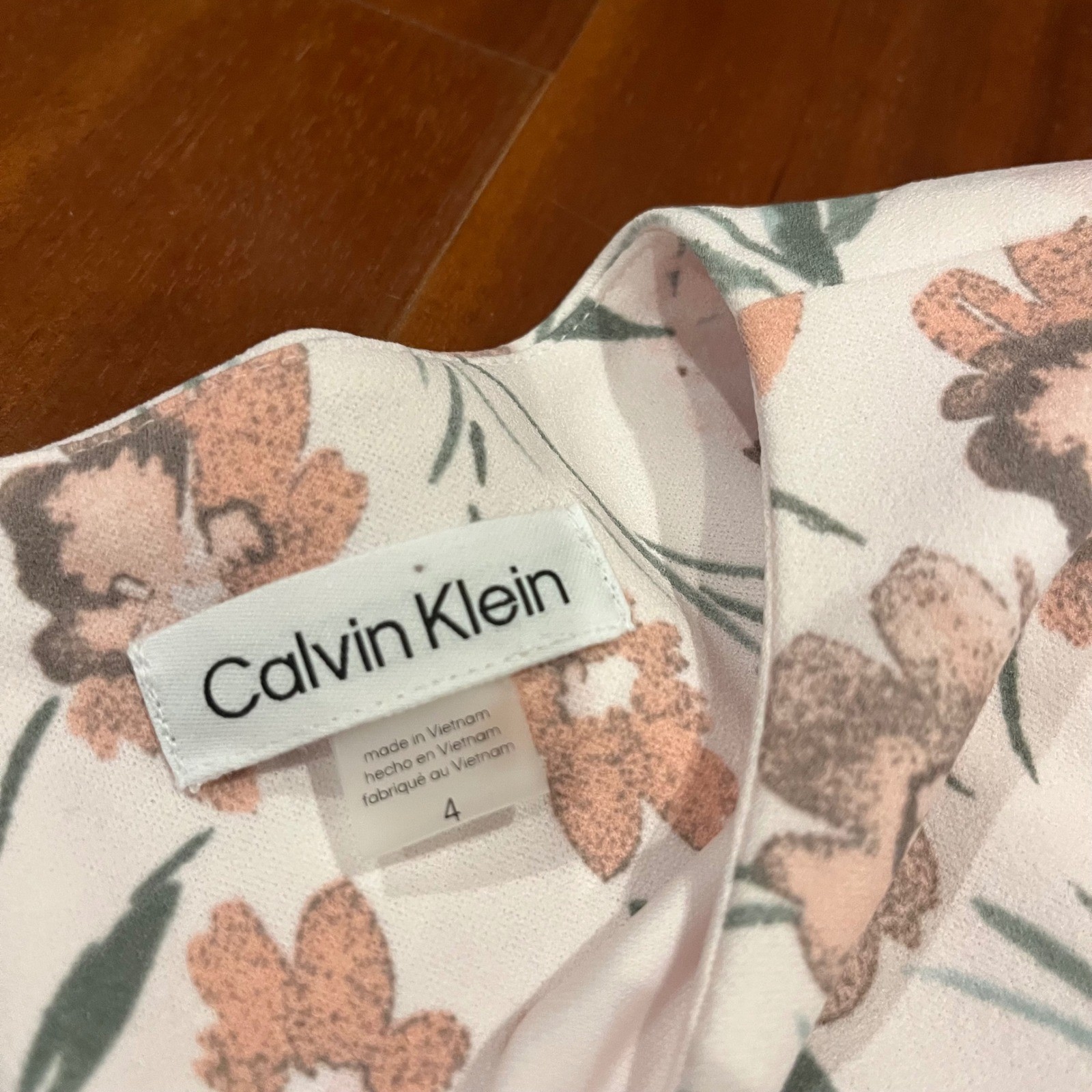 Calvin Klein Floral Dress Midi Belt Blush Light Pink Multi Shoulder Pad New Sz 4 thumbnail 3