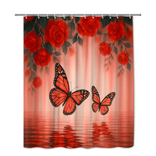 Red Butterfly Shower Curtain with Roses - Elegant Floral Home Decor