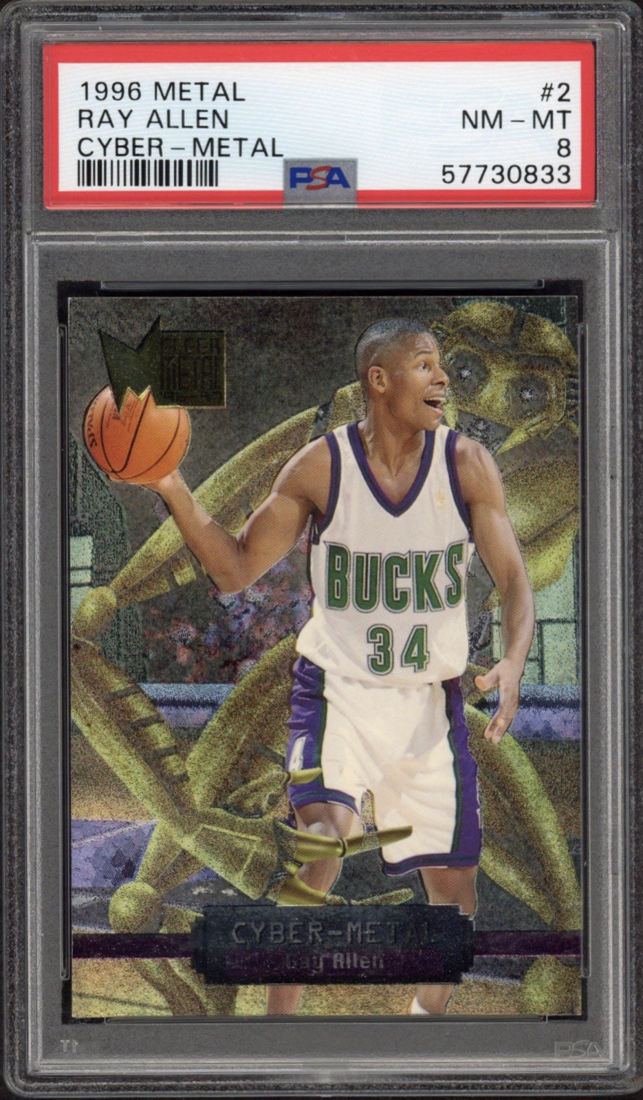 1996 Metal Ray Allen Cyber-Metal Rookie RC #2 PSA 8 NM-MTHOF Milwaukee Bucks