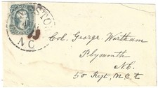 CSA #11, 10c Blue, tied to cover by Jamestown, NC pmk, to Plymouth, 50 Regt, NCT