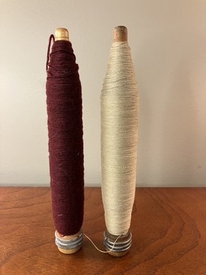 LOT of 2 Vintage 8'' Long Wooden Thread Bobbins with Red & Beige Threads