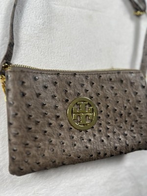 WOMEN'S CROSSBODY OSTRICH EFFECT CLUTCH  HANDBAG, KHAKI, NEW GOLD HARDWARE