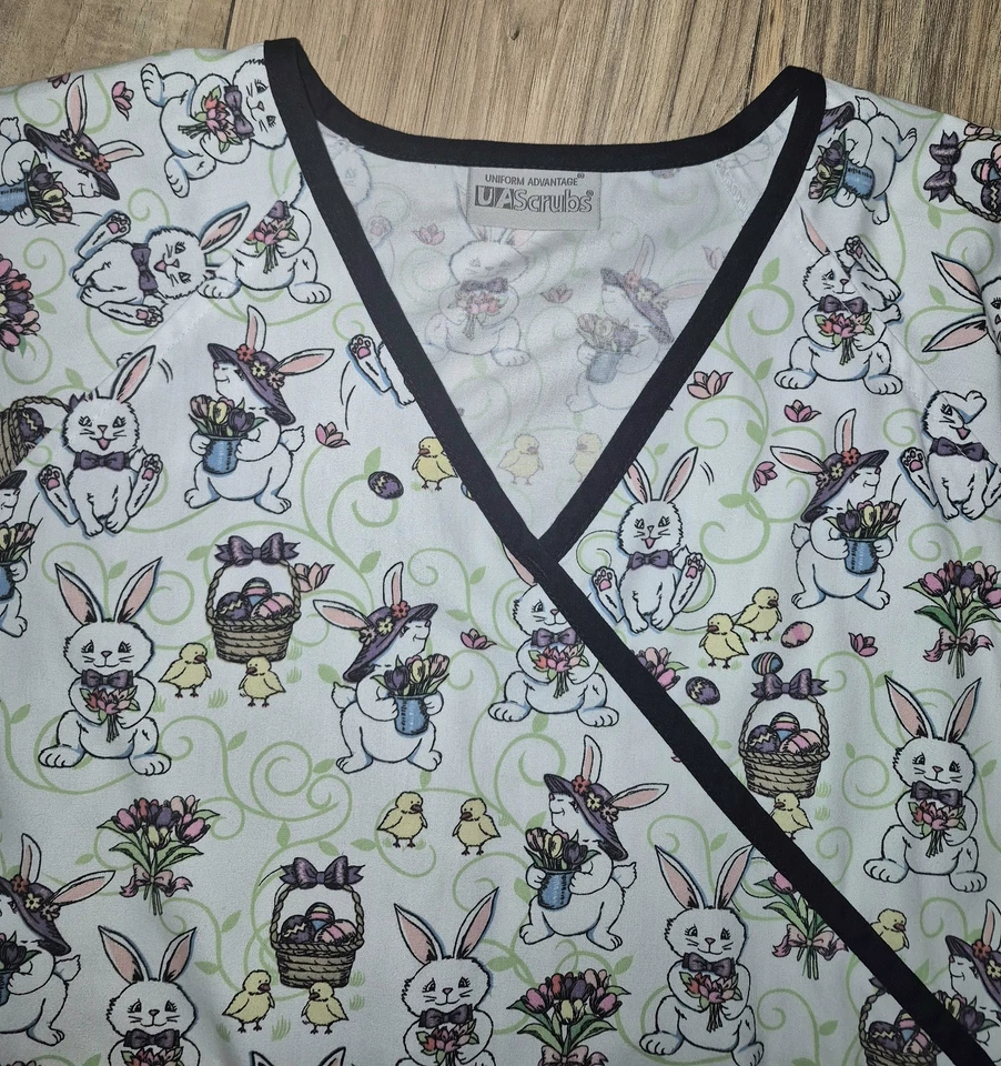 UA Scrubs Tops Womens Size Small Easter Theme Bunny Design Festive Animal Print - Image 2 of 4