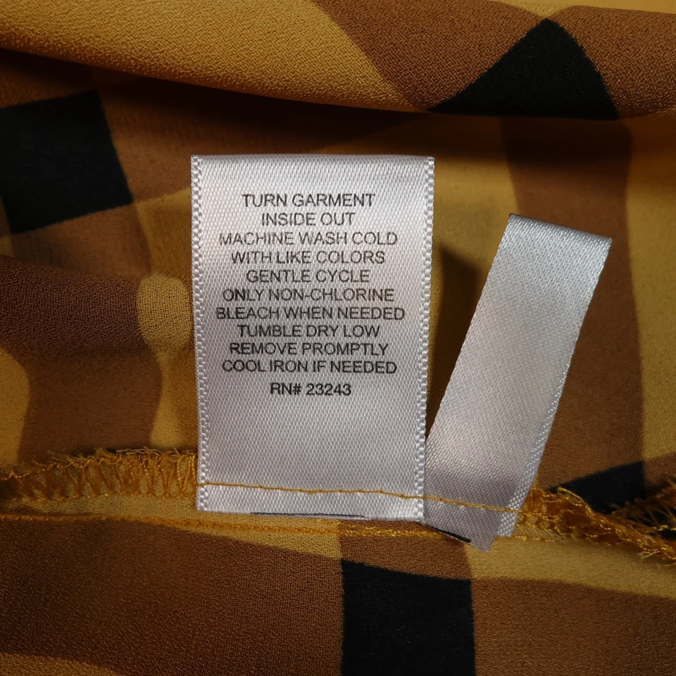 New York & Company Blouse Yellow & Brown Plaid Tie-V-Neck 3/4 Sleeve Size M - Image 4 of 4