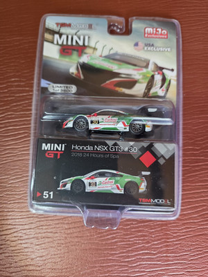 Mini GT #51 Honda NSX GT3 #30 Castrol 2018 24H Spa MiJo USA 1:64 Ltd 1/3600