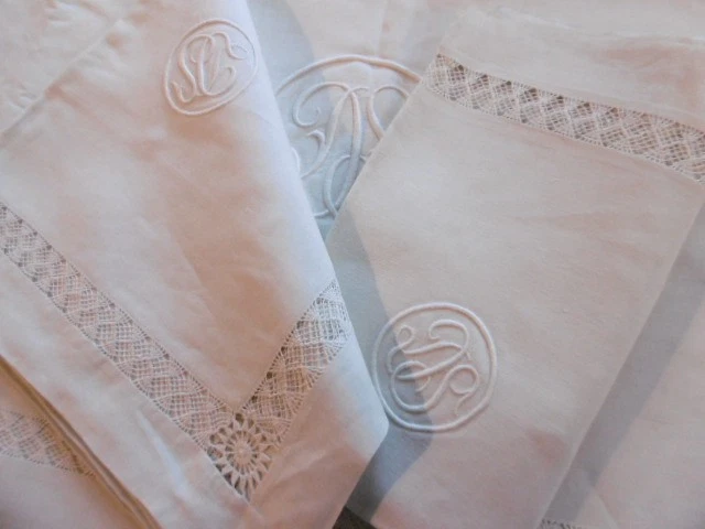 Drap + 2 taies pur fil de lin brodé chiffrés D.S. (3) - Photo 3/4