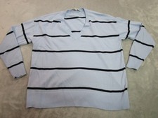 LOFT Sweater Womens Small Blue Black Striped V Neck Knit Pullover preppy