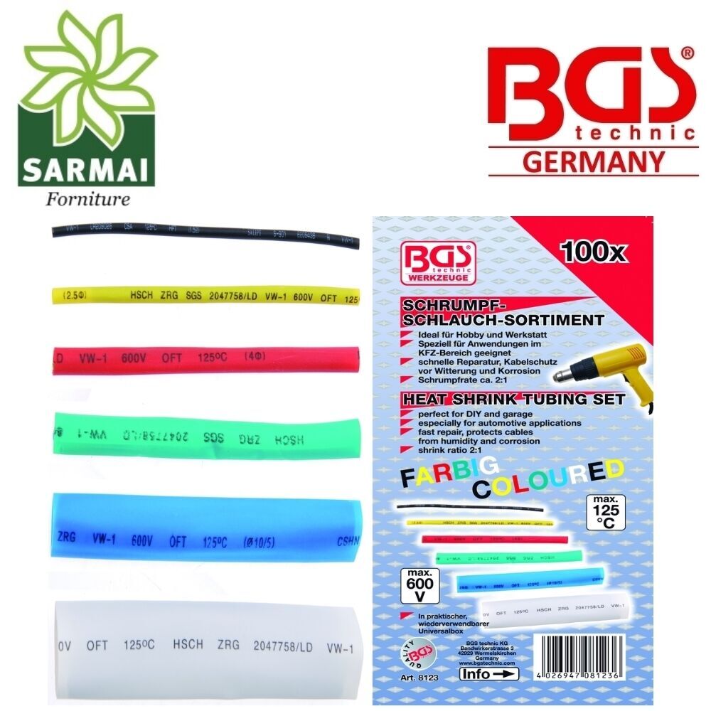 BGS 8123 SET 100 PEZZI TUBETTI GUAINA GOMMA TERMORESTRINGENTI RIPARAZIONE CAVI