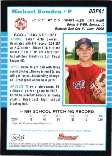 2005 Bowman Draft Picks & Prospects #BDP61 Michael Bowden - Picture 2 of 2