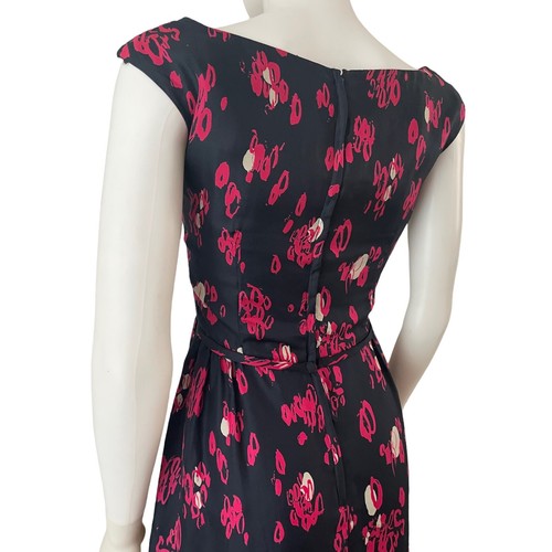 Vintage 1950s Silk Atomic Pinup Dress, Bows, Black Pink Novelty - Picture 10 of 12