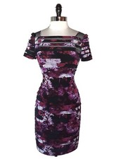 ADRIANNA PAPELL Size 8 Sheath Dress Black Purple Floral Short Sleeve Tiered