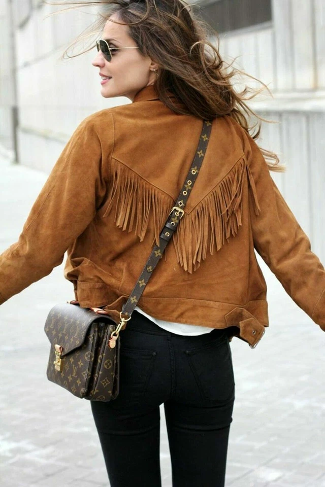 Fringe Leather Jacket Women Brown Suede Biker Moto Custom Made Size S M L XL XXL - Image 4 of 4