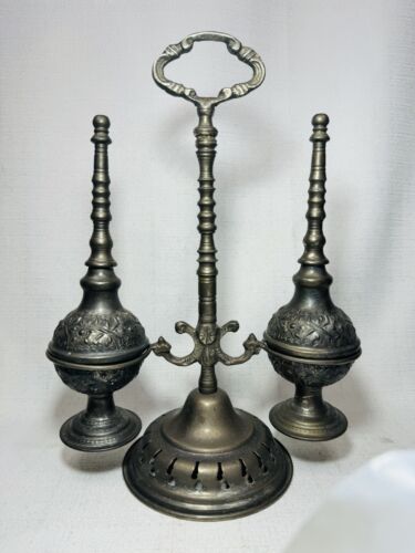 ANTIQUE MUSLIM SILVER ROSE WATER SPRINKLER CLEAR MARKINGS With Caddy; Scarce EUC - Picture 1 of 16
