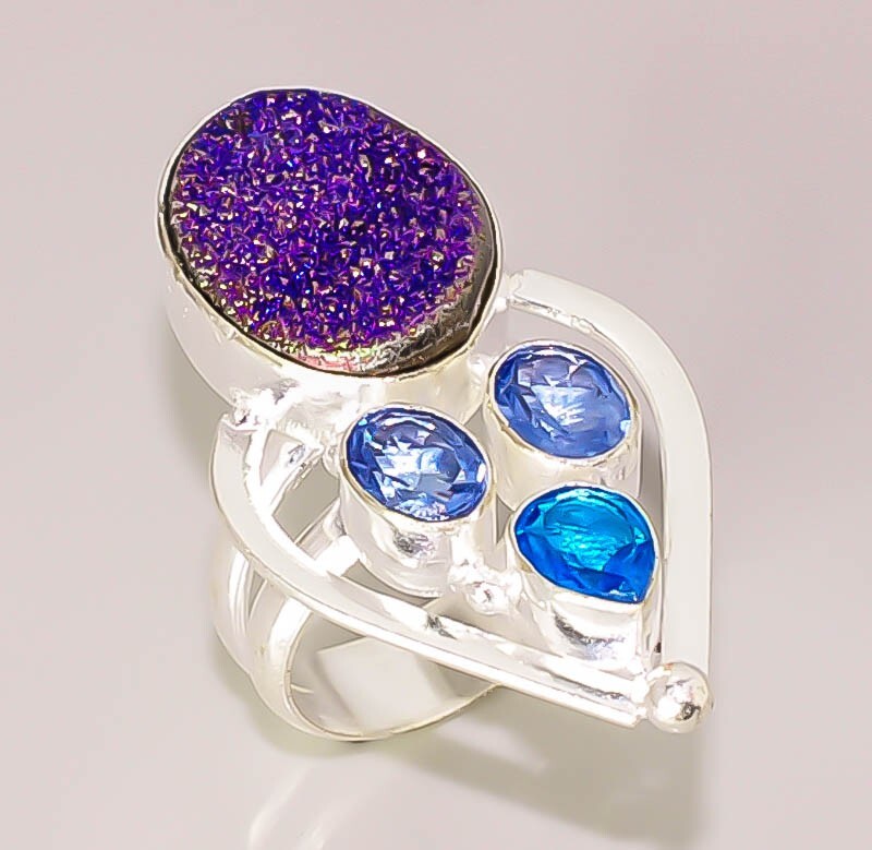 Натуральный синий титан друзы синий топаз кварц 925 пробы покрытием кольцо 9