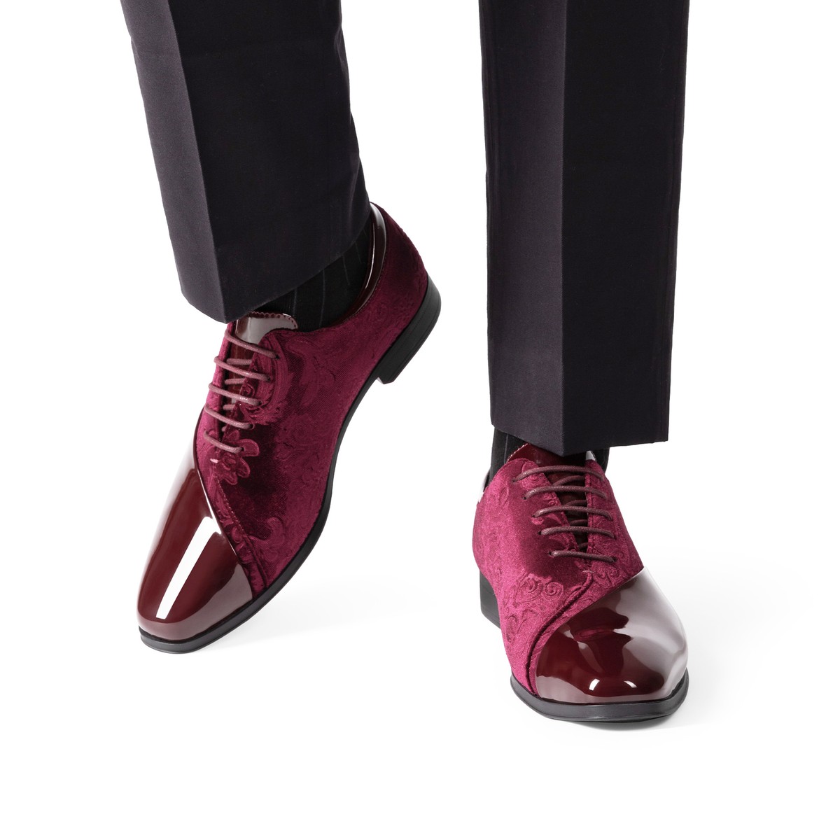 Men\'s Patent Velvet Lace-Up Formal Oxfords Dress Tuxedo Shoes Handmade Black Velvet & Patent Vegan Leather Oxford Brogue  main image 3