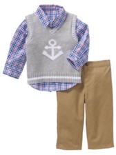 Infant Boys Plaid 3 Piece Dress Up Outfit Shirt Anchor Vest  Pants Set