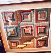 Framed Antique 19th Century Log Cabin Square Crib Sized Quilt XX664