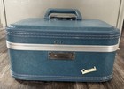 Vintage Carousel Train Case Blue Travel Luggage Makeup Suitcase with Mirror