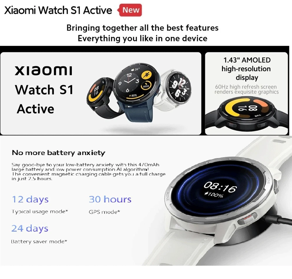 New Xiaomi Watch S1 Active, AMOLED 1.43 Heart, SpO2, GPS, Bluetooth Phone  Calls