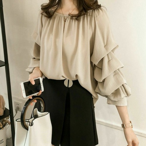 Women Chiffon Shirt Off Shoulder Ruffle Pleated Flare Sleeve Blouse Top Frill - Picture 7 of 15