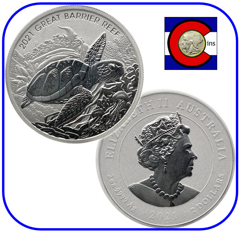 2021 Australia Great Barrier Reef Turtle 2 oz Silver Coin in