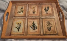 Rectangle Wood Wooden Serving Tray w/Handles Floral Design Food Drinks Serveware