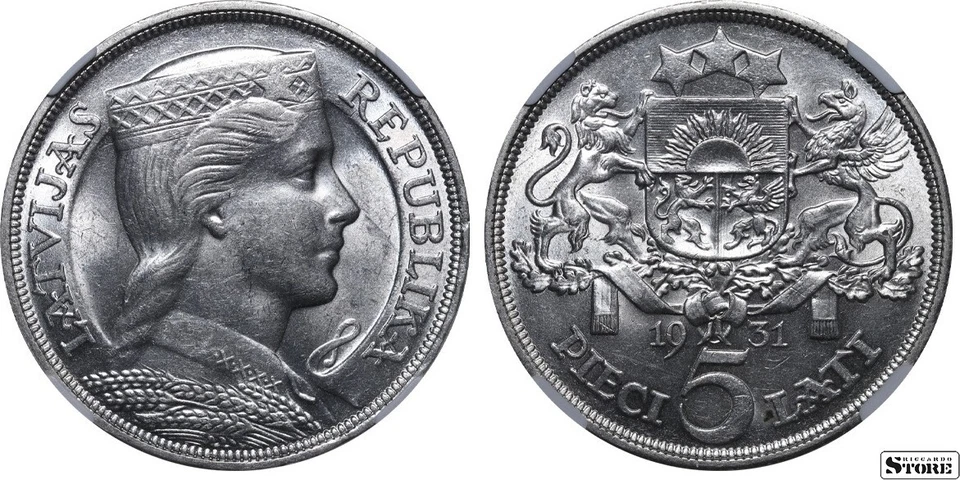 1931 Latvia Albert Kviesis 5 Lats Silver Coin Graded NGC MS 60 - Image 3 of 3