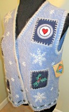 North Crest Christmas Blue Embroidered Heavy Sweater Vest Size Small Womens New
