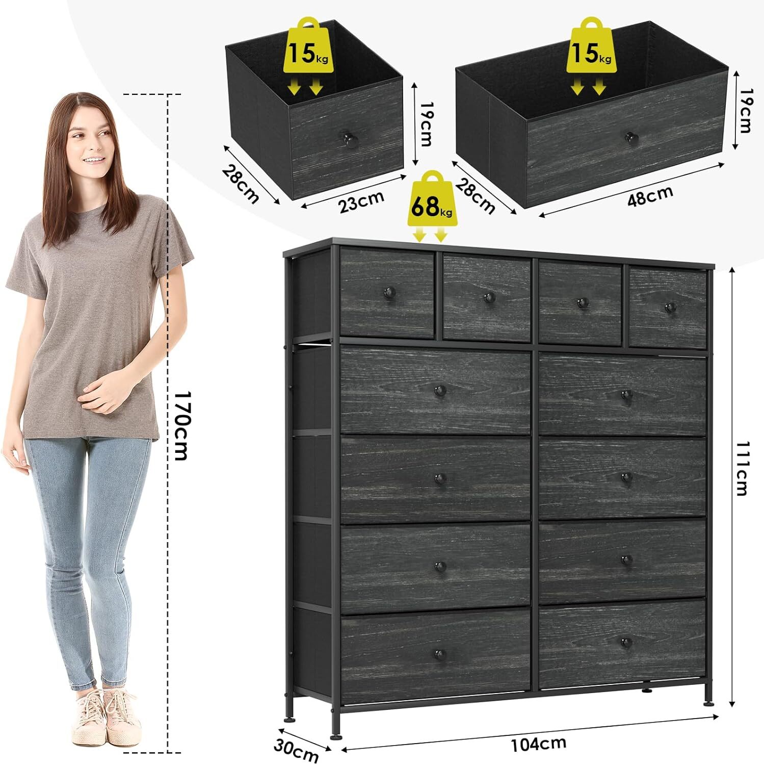 Kommode Schrank 12 Schubladen aus Stoff Sideboard Kleiderschränke Metallrahmen