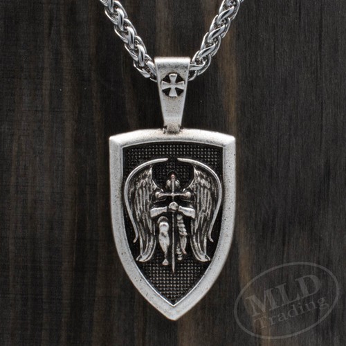 Archangel Saint St Michael Medal Shield Pendant Necklace Stainless Steel Chain - Picture 9 of 11