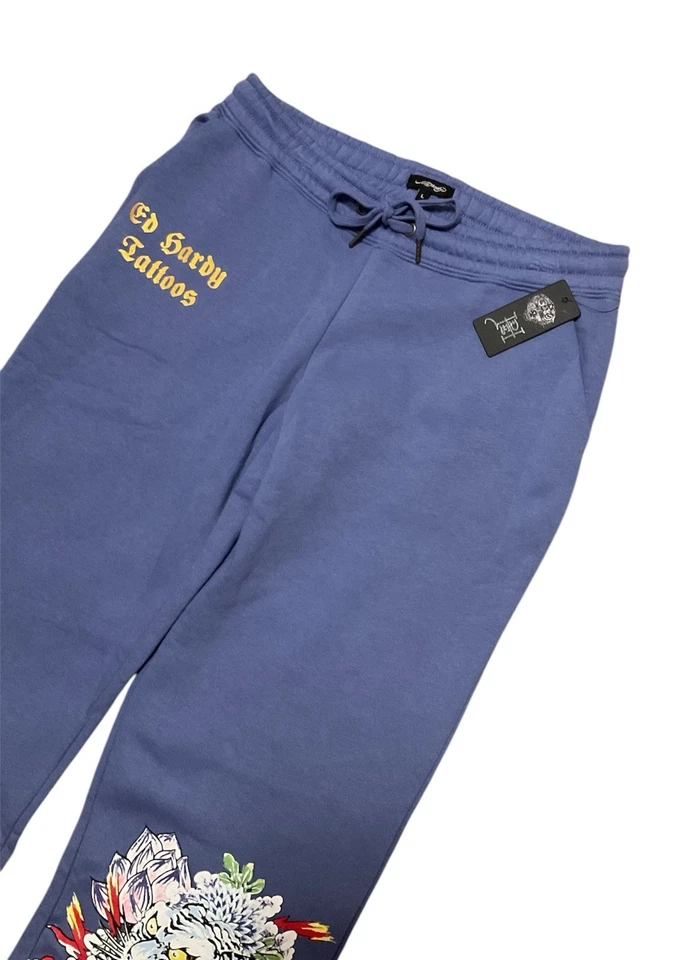 NWT Ed Hardy Sweatpants Women’s Size L Blue Wide Leg White Tiger Lotus - Image 3 of 4