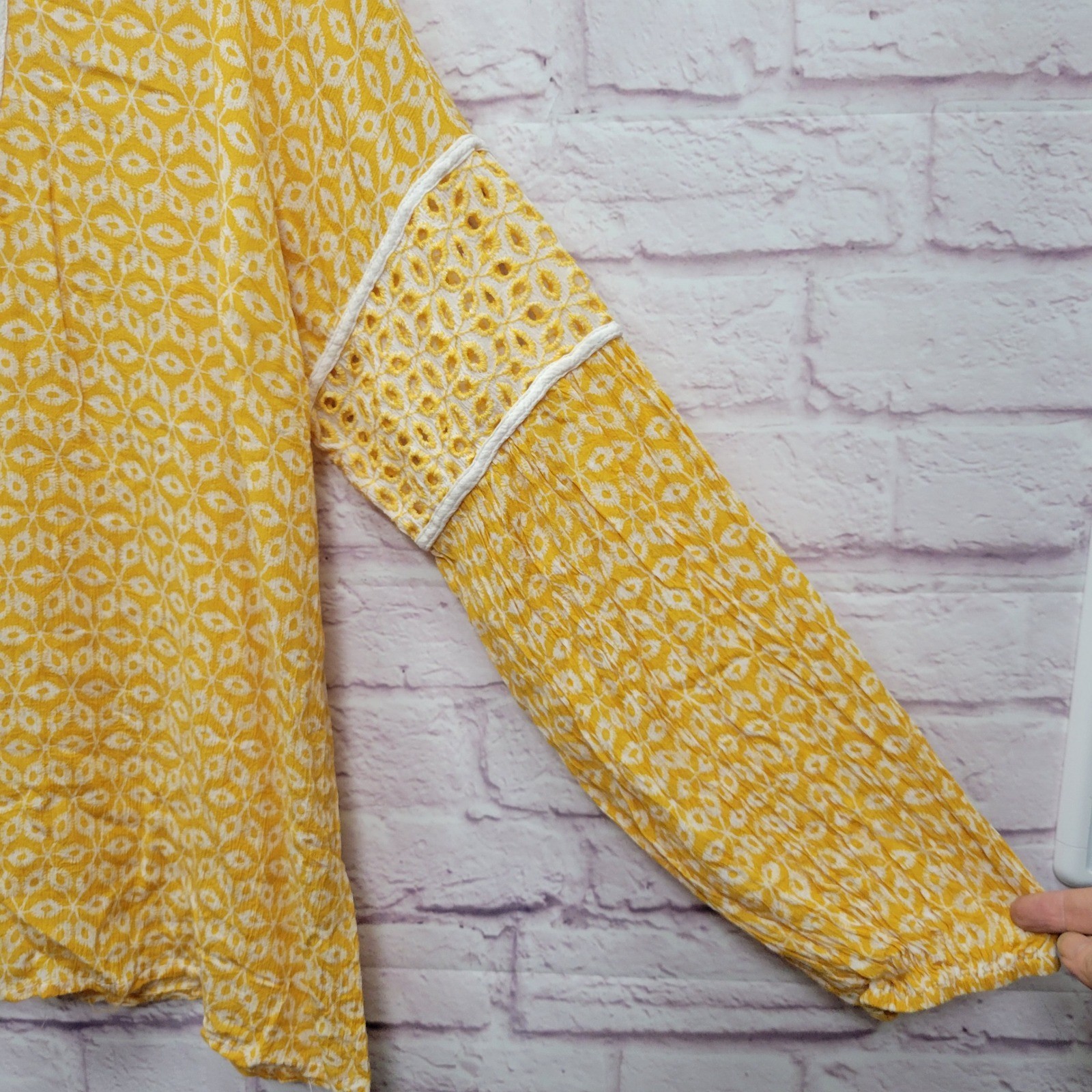 Fever Mango Mojito Embroidered Peasant Top Womens XL Yellow Boho Hippie Festival thumbnail 4