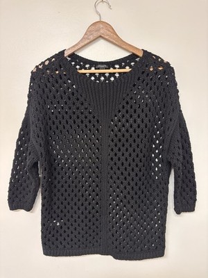 Ann Taylor Black Open Knit Sweater 100% Cotton Boho Crochet Pullover S