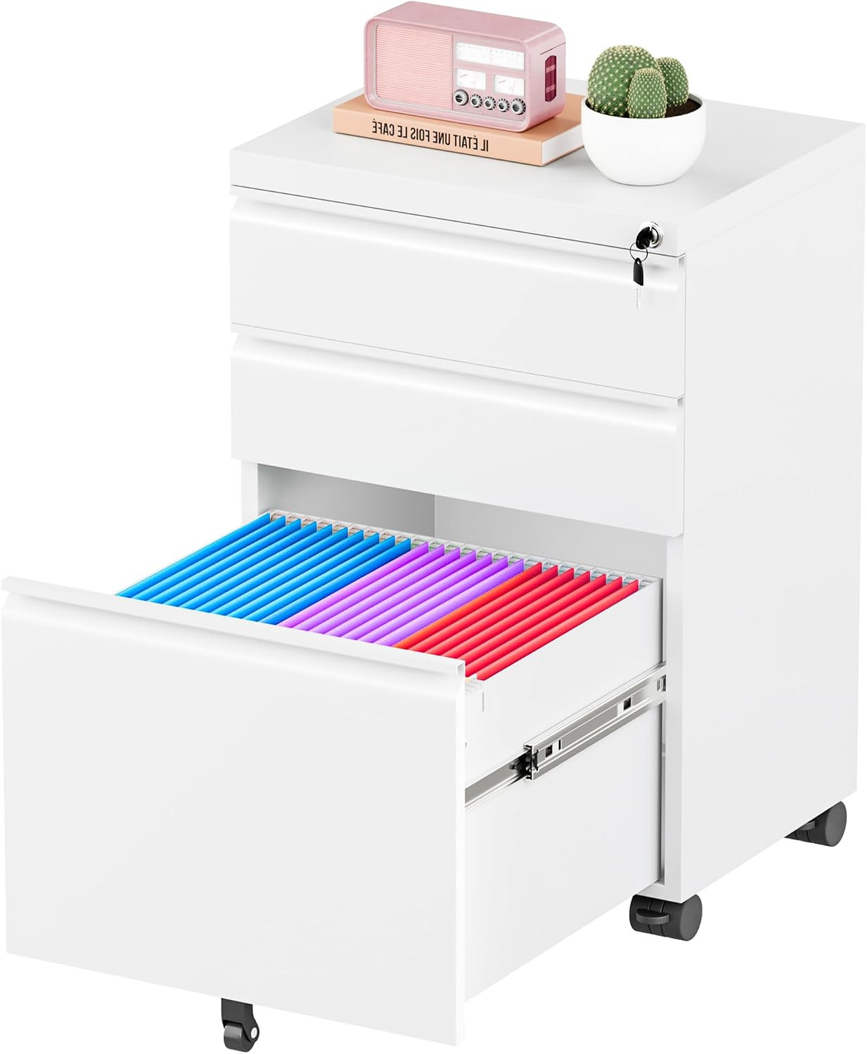 3 Drawer Mobile File Cabinet with Lock, Fully Assembled Rolling File Cabinet exc