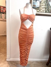 Fashion Nova Orange Knit Ruched Cut Out Halter Bodycon Midi Dress Size M